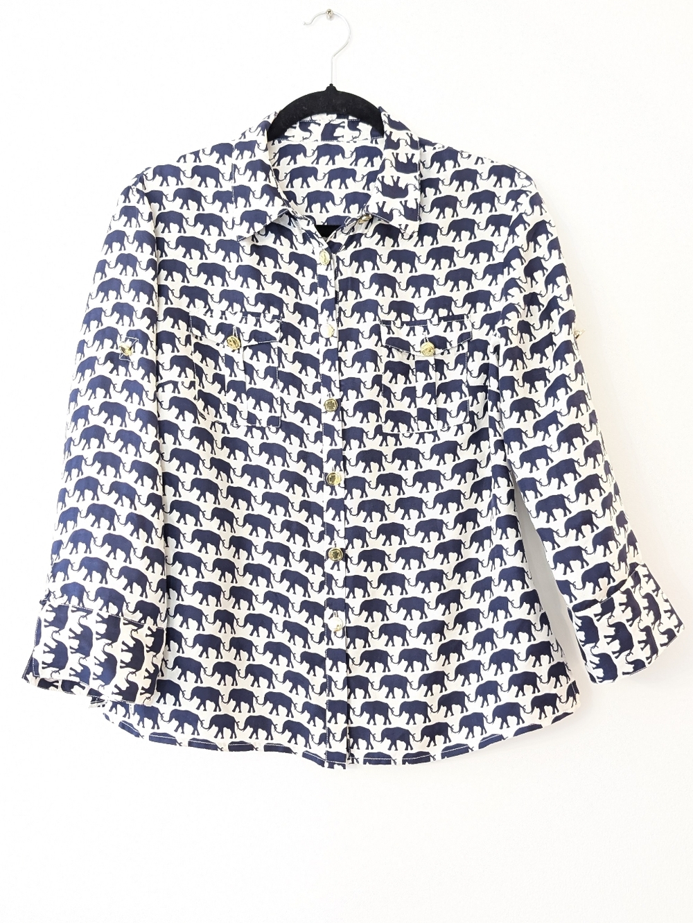 Elizabeth McKay elephant silk button down blouse size 6